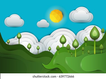 Paper cut cartoon green hills with plant and clouds in realistic trendy craft style. Modern origami design. Nature landscape background concept for greeting card, banner. Vector illustration.