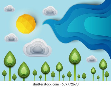 Paper Cut Cartoon Green Plants With Sun And Clouds In Realistic Trendy Craft Style. Modern Origami Design. Nature Landscape Background Concept For Greeting Card, Banner. Vector Illustration.