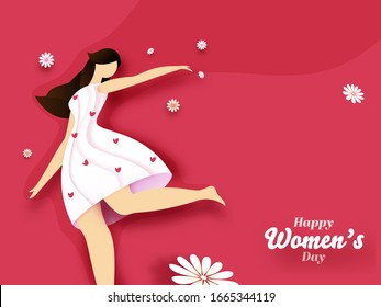 Paper Cut Cartoon Modern Young Girl with Flowers on Red Background for Happy Women's Day Celebration.