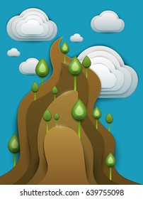 Paper cut cartoon  mountain with green plant and clouds in realistic trendy craft style. Modern origami design. Nature landscape background concept for greeting card, banner. Vector illustration.