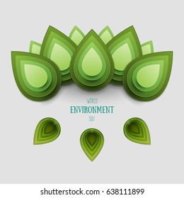 Paper cut cartoon nature with green leaves in realistic trendy craft style. Modern origami design. World environment day concept greeting card, banner. Vector illustration.