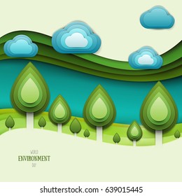 Paper cut cartoon nature landscape with green tree, hills and clouds in realistic trendy craft style. Modern origami design. World environment day concept greeting card, banner. Vector illustration.