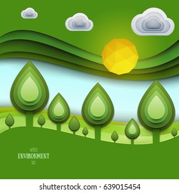 Paper cut cartoon nature landscape with green tree, sun and clouds in realistic trendy craft style. Modern origami design. World environment day concept greeting card, banner. Vector illustration.