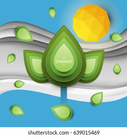 Paper cut cartoon nature landscape with green plant, leaf and sun in realistic trendy craft style. Modern origami design. World environment day concept greeting card, banner. Vector illustration.
