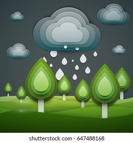 Paper cut cartoon nature landscape with green tree, rain clouds in realistic trendy craft style. Modern origami design. Background for greeting card, banner, cover, poster. Vector illustration.