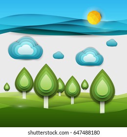 Paper Cut Cartoon Nature Landscape With Green Tree, Sun And Clouds In Realistic Trendy Craft Style. Modern Origami Design. Background For Greeting Card, Banner, Cover, Poster. Vector Illustration.