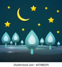 Paper cut cartoon nature night landscape with tree, moon and stars in realistic trendy craft style. Modern origami design. Background for greeting card, banner, cover, poster. Vector illustration.