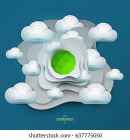 Paper cut cartoon nature with sky, clouds, green planet in realistic trendy craft style. Modern origami design. World environment day concept greeting card, banner. Vector illustration.