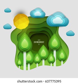 Paper cut cartoon nature with trees, clouds, sun in realistic trendy craft style. Modern origami design. World environment day concept greeting card, banner. Vector illustration.