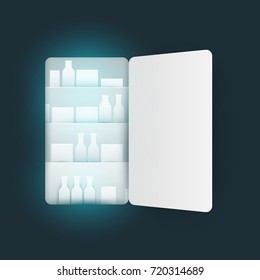 Paper cut cartoon opened refrigerator full of food in realistic trendy craft style. Modern origami design. Background concept greeting card, banner, poster. Vector illustration.
