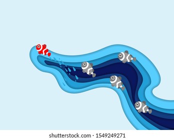 Paper cut cartoon red fish on water in polygonal trendy craft style. Modern origami design. Leadership, teamwork and courage concept. Flat design. EPS 10 compatible vector illustration.