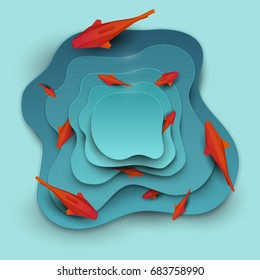 Paper cut cartoon red fish on water in polygonal trendy craft style. Modern origami design. World environment day concept greeting card, banner. Vector illustration.