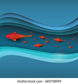 Paper cut cartoon red fish on water in polygonal trendy craft style. Modern origami design. World environment day concept greeting card, banner. Vector illustration.