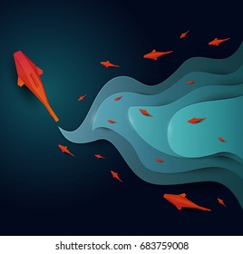 Paper cut cartoon red fish on water in polygonal trendy craft style. Modern origami design. World environment day concept greeting card, banner. Vector illustration.