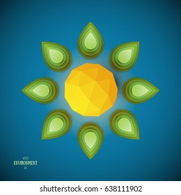 Paper cut cartoon sun with green leaves in realistic trendy craft style. Modern origami design. World environment day concept greeting card, banner. Vector illustration.
