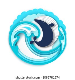 Paper cut cartoon whale on sea or ocean wave and clouds in origami trendy craft style. Happy cartoon whale. Marine life in paper art deep style. Vector