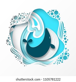 Paper cut cartoon whale on sea or ocean wave in origami trendy craft style. Happy cartoon whale. Marine life in paper art deep style. Vector