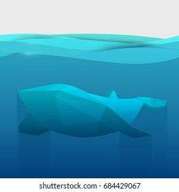 Paper cut cartoon whale on water in polygonal trendy craft style. Modern origami design. Concept nature background for poster, greeting card, banner or other branding. Vector illustration.