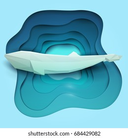 Paper cut cartoon whale on water in polygonal trendy craft style. Modern origami design. Concept nature background for poster, greeting card, banner or other branding. Vector illustration.