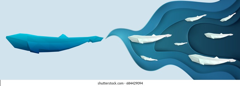 Paper cut cartoon whale on water in polygonal trendy craft style. Modern origami design. Concept nature background for poster, greeting card, banner or other branding. Vector illustration.