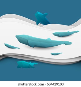 Paper cut cartoon whale on water in polygonal trendy craft style. Modern origami design. Concept nature background for poster, greeting card, banner or other branding. Vector illustration.