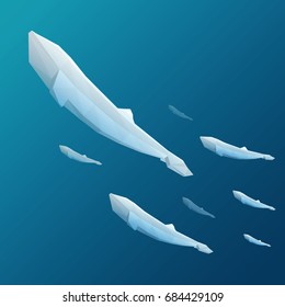 Paper cut cartoon whale on water in polygonal trendy craft style. Modern origami design. Concept nature background for poster, greeting card, banner or other branding. Vector illustration.