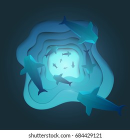 Paper cut cartoon whale on water in polygonal trendy craft style. Modern origami design. Concept nature background for poster, greeting card, banner or other branding. Vector illustration.