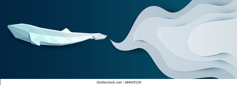 Paper cut cartoon whale on water in polygonal trendy craft style. Modern origami design. Concept nature background for poster, greeting card, banner or other branding. Vector illustration.