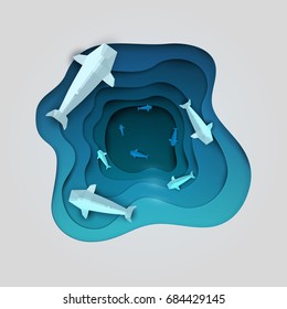 Paper cut cartoon whale on water in polygonal trendy craft style. Modern origami design. Concept nature background for poster, greeting card, banner or other branding. Vector illustration.