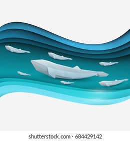 Paper cut cartoon whale swim on water in polygonal trendy craft style. Modern origami design. Concept nature background for poster, greeting card, banner or other branding. Vector illustration.