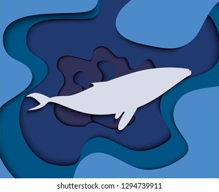 Paper cut cartoon white whale in water in polygonal trendy craft style. Modern origami design. World environment day concept greeting card, banner. Vector illustration