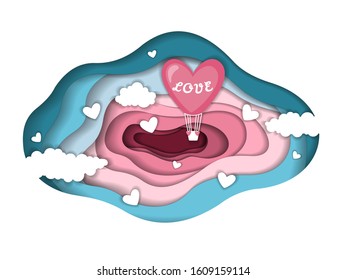 Paper cut carve abstract background with hearts, clouds and balloon isolated on white. Design layout for presentations, flyers and posters. Vector illustration.