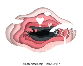 Paper cut carve abstract background with trees and balloons in shape of heart isolated on white. Design layout for presentations, flyers and posters. Vector illustration.