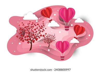 Paper cut carve abstract background with trees and balloons in shape of heart
