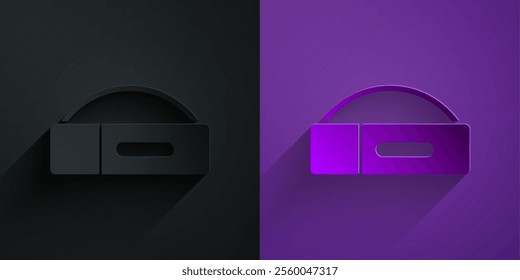 Paper cut Case for billiard cue icon isolated on black on purple background. Paper art style. Vector
