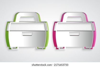 Paper cut Case or box container for wobbler and gear fishing equipment icon isolated on grey background. Fishing tackle. Paper art style. Vector