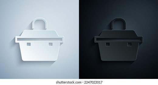 Paper cut Case or box container for wobbler and gear fishing equipment icon isolated on grey and black background. Fishing tackle. Paper art style. Vector