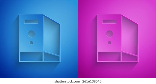 Paper cut Case of computer icon isolated on blue and purple background. Computer server. Workstation. Paper art style. Vector
