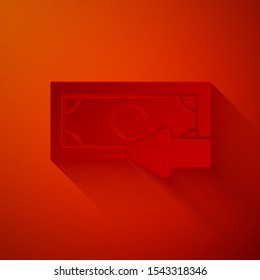 Paper cut Cash back icon isolated on red background. Financial services, money refund, return on investment, savings account, currency exchange. Paper art style. Vector Illustration