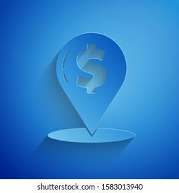 Paper cut Cash location pin icon isolated on blue background. Pointer and dollar symbol. Money location. Business and investment concept. Paper art style. Vector Illustration