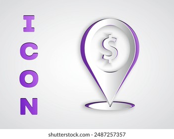 Paper cut Cash location pin icon isolated on grey background. Pointer and dollar symbol. Money location. Business and investment concept. Paper art style. Vector Illustration