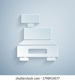 Paper cut Cash register machine with a check icon isolated on grey background. Cashier sign. Cashbox symbol. Paper art style. Vector Illustration