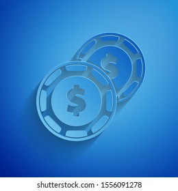 Paper cut Casino chip with dollar symbol icon isolated on blue background. Casino gambling. Paper art style. Vector Illustration