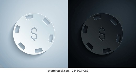 Paper cut Casino chip with dollar symbol icon isolated on grey and black background. Casino gambling. Paper art style. Vector
