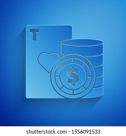 Paper cut Casino chip and playing cards icon isolated on blue background. Casino poker. Paper art style. Vector Illustration