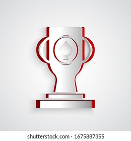 Paper cut Casino poker trophy cup icon isolated on grey background. Paper art style. Vector Illustration