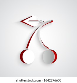 Paper cut Casino slot machine with cherry symbol icon isolated on grey background. Gambling games. Paper art style. Vector Illustration