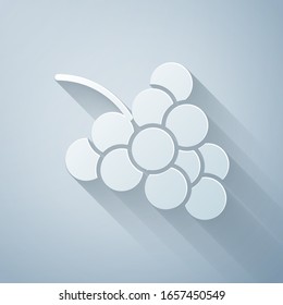 Paper cut Casino slot machine with grape symbol icon isolated on grey background. Gambling games. Paper art style. Vector Illustration