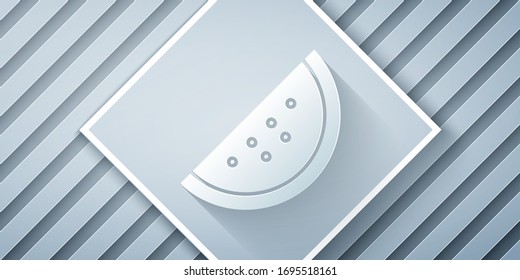 Paper cut Casino slot machine with watermelon symbol icon isolated on grey background. Gambling games. Paper art style. Vector Illustration