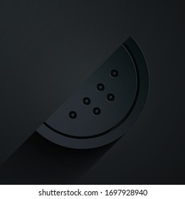 Paper cut Casino slot machine with watermelon symbol icon isolated on black background. Gambling games. Paper art style. Vector Illustration